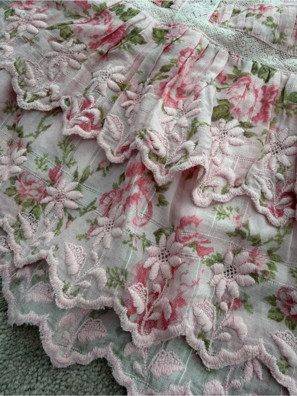 LoveShackFancy Pink Floral Mini Ruffled/Tiered Lace Skirt - Picture 5 of 10